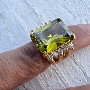 Emerald Cut Peridot Gold Statement Ring Sz 3.25
